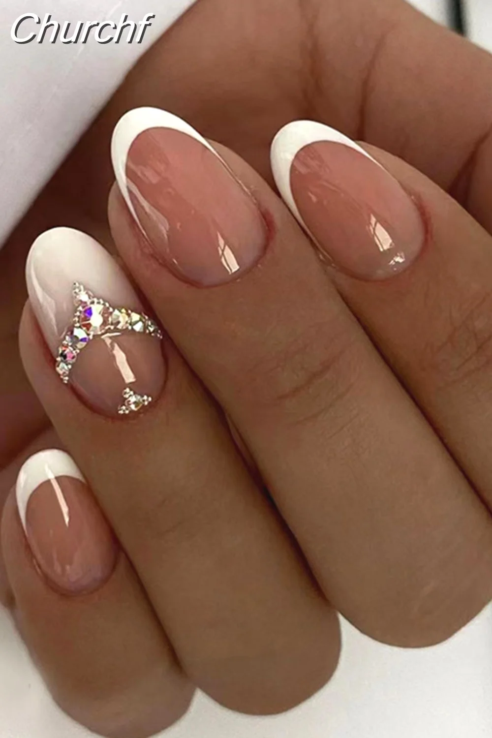 Churchf Detachable Almond False Nails Short Wearable French Stiletto Fake Nails Full Cover Nail 9598