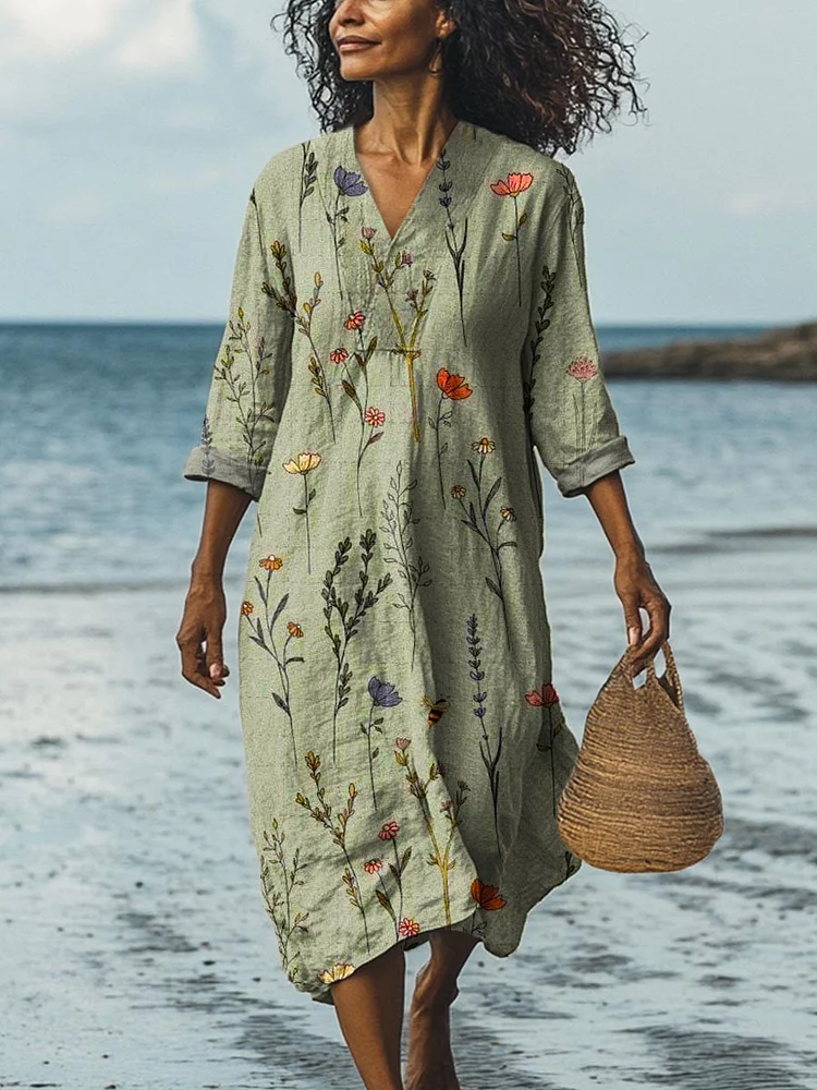 Women's Vintage Lovely Floral Pattern Art Print Cotton Dress
