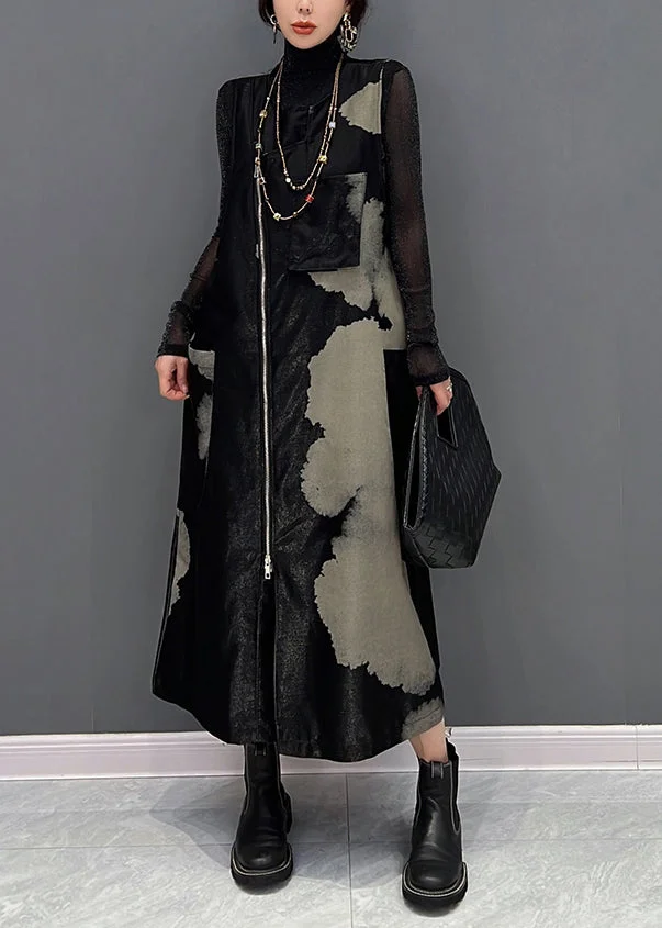 Italian Black Zip Up Patchwork Cotton Long Dresses Sleeveless