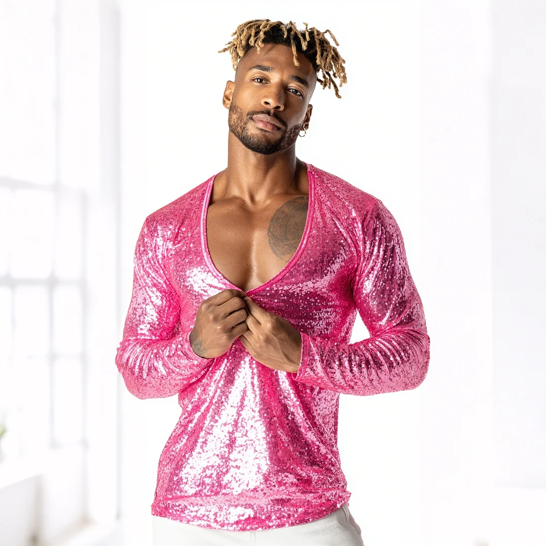 Men's Sequined Long-sleeved T-shirt With Subtle Shimmer, Sexy Low-cut Top-inspireuse