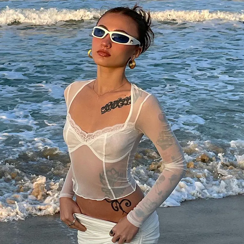 Churchf Churchf Women's Spring / Summer 2023 Sexy Mesh Wood Ear Lace Perspective Long Sleeve Top