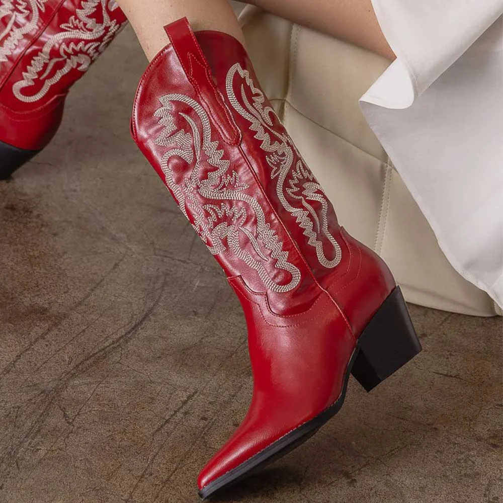 Red Pointed Toe Chunky Heel Pull On Embroidered Cowboy Boots for Women