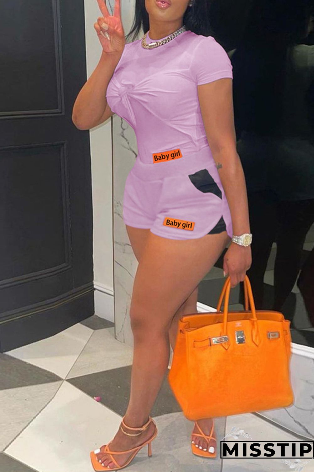 Light Purple Fashion Casual Patchwork With Bow O Neck Short Sleeve Two Pieces