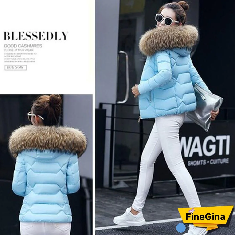Women Autumn Winter New Fashion Short Coat Cotton-padded Jacket Large Size Hooded Jacket Warm Cotton Female Fur Collar Hoody Parka XS-XXXL