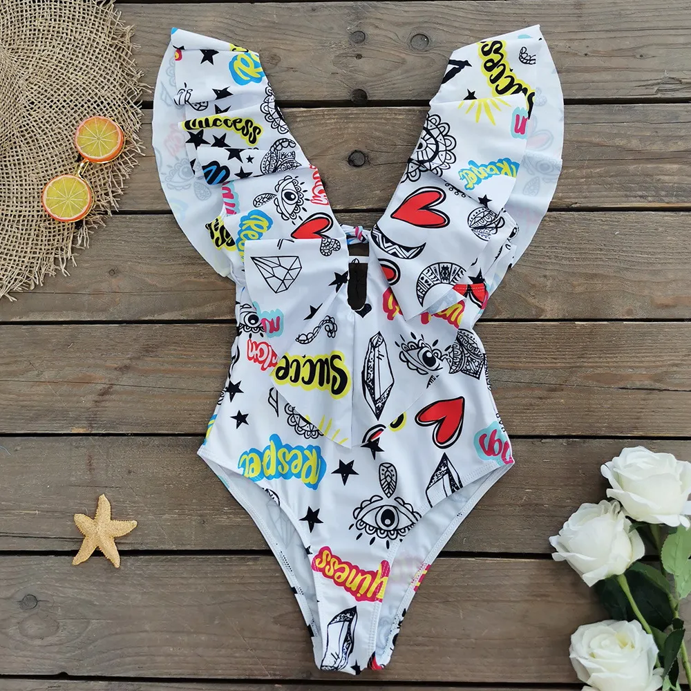 Brownm Printed Flowers Even Lotus Leaf Side Body Swimsuit Women 2025 New Swimsuit Bare Back