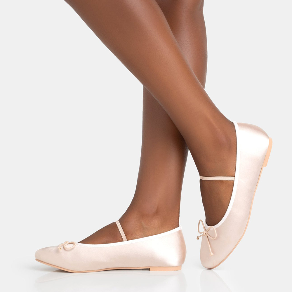 Pink Satin Closed Toe Flat Pumps with Bow Nicepairs