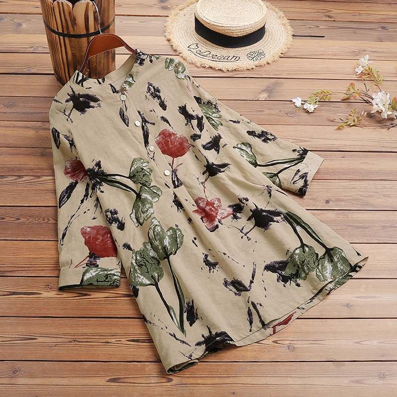 Vintage Printed Chemise ZANZEA Women Casual 3/4 Sleeve O Neck Blouse Autumn Bohemian Button Shirt Holiday Party Tunic Top Blusas
