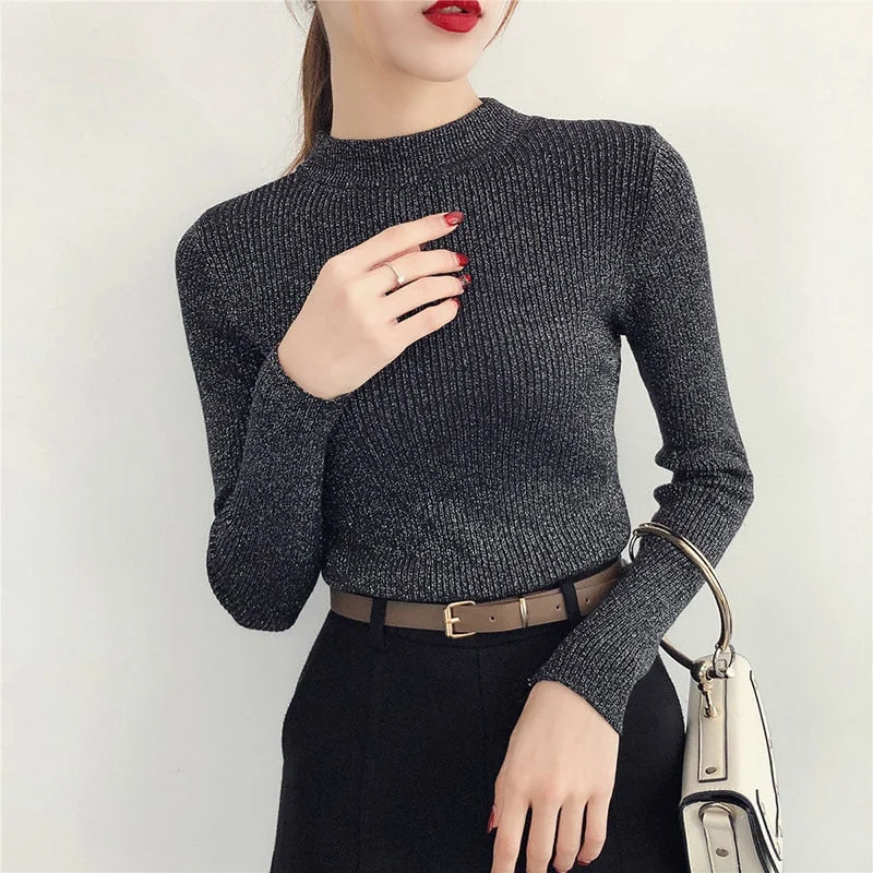 Sonicelife Shiny Lurex Autumn Winter Sweater Women Long Sleeve Pullover Women Basic Sweaters Turtleneck 2023 Korean Style Knit Tops Femme