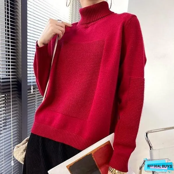 Turtleneck Collar Long Sleeve Pullover Elegant Match All Solid Color Top
