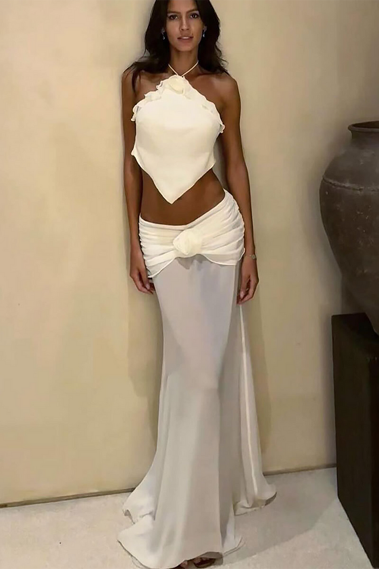 3D Flower Halter Crop Top Sheer Maxi Skirt Split Swimsuit 3pcs Set-White