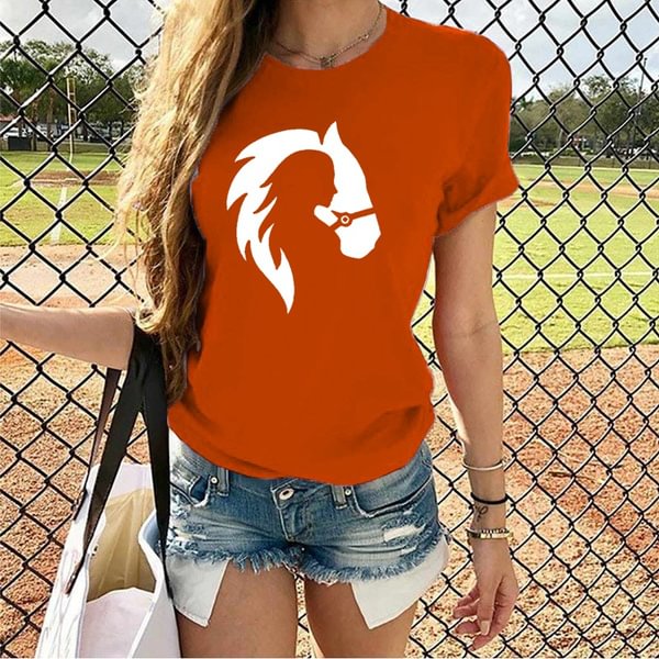 cute horse head print t shirts for women&Girls casual round neck tees top summer women`s loose fit t-shirt [] - BlackFridayBuys