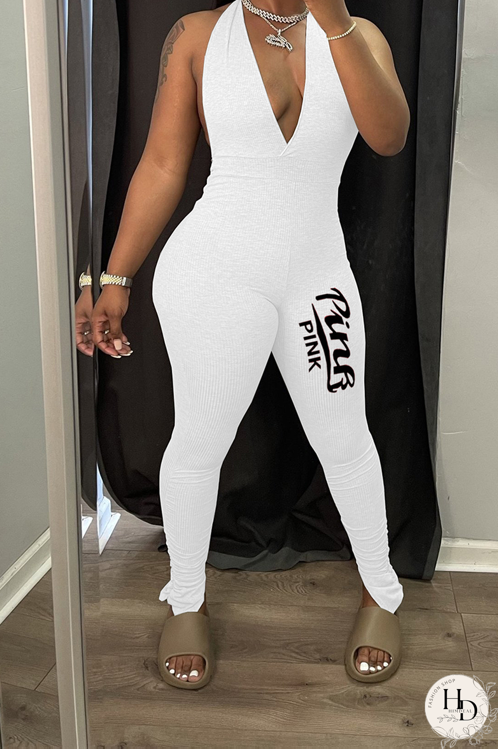 White Sexy Print Patchwork V Neck Skinny Jumpsuits