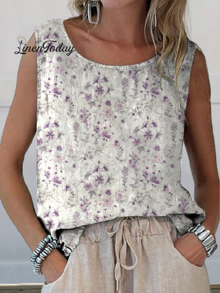 Women’s Vintage Floral Art Print Casual Cotton And Linen Tank Top Multicolor / S
