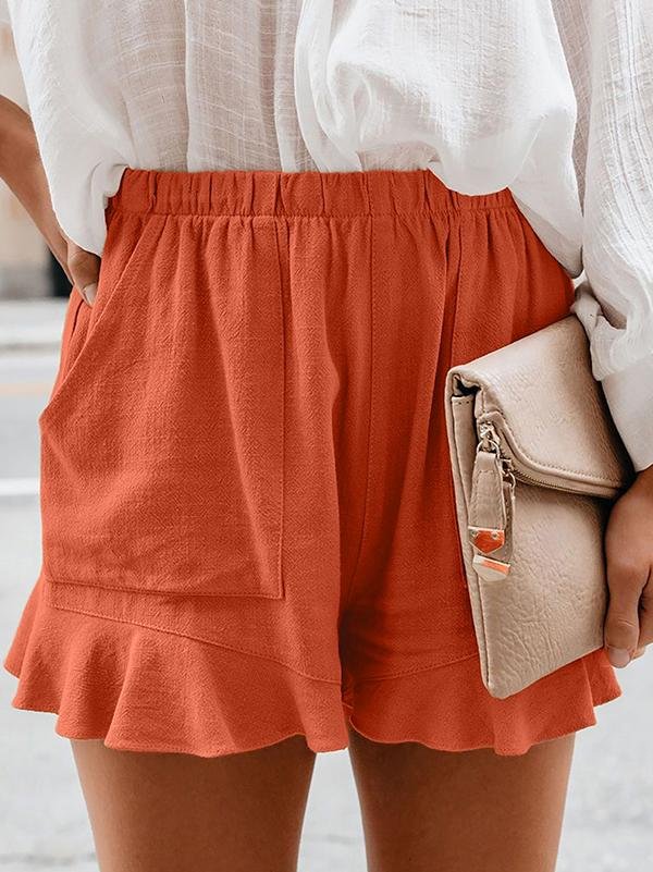 Cotton Casual Solid Color High Waist Loose Straight-Leg Shorts