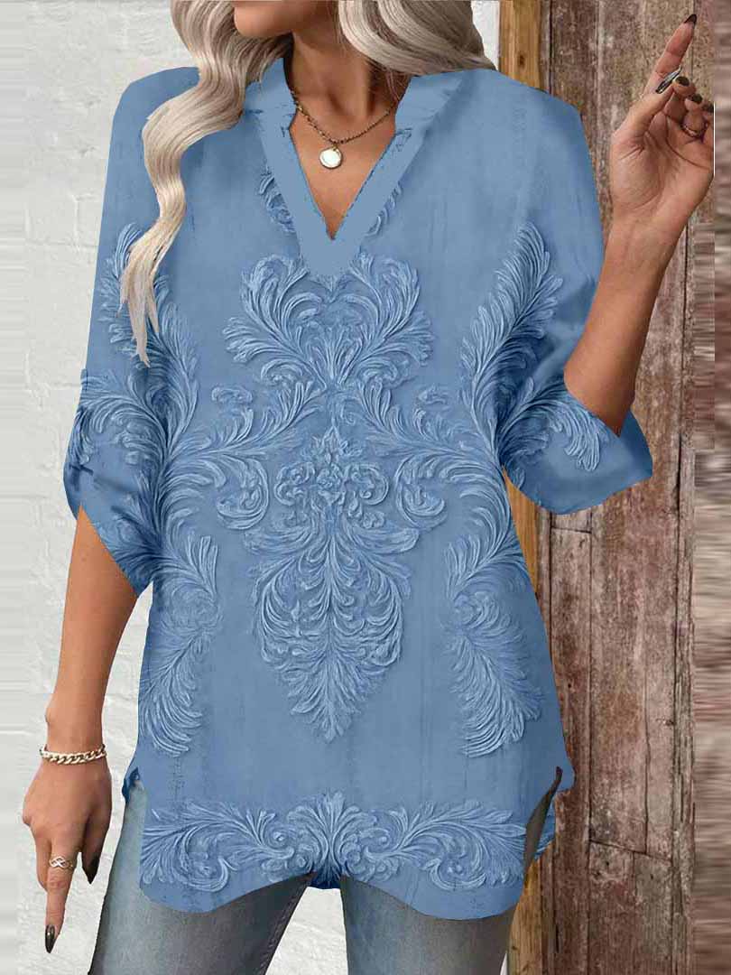 Women Floral,Blue,Ladynora DZGA0022 3/4 Sleeve V-neck Printed Graphic Button Tops