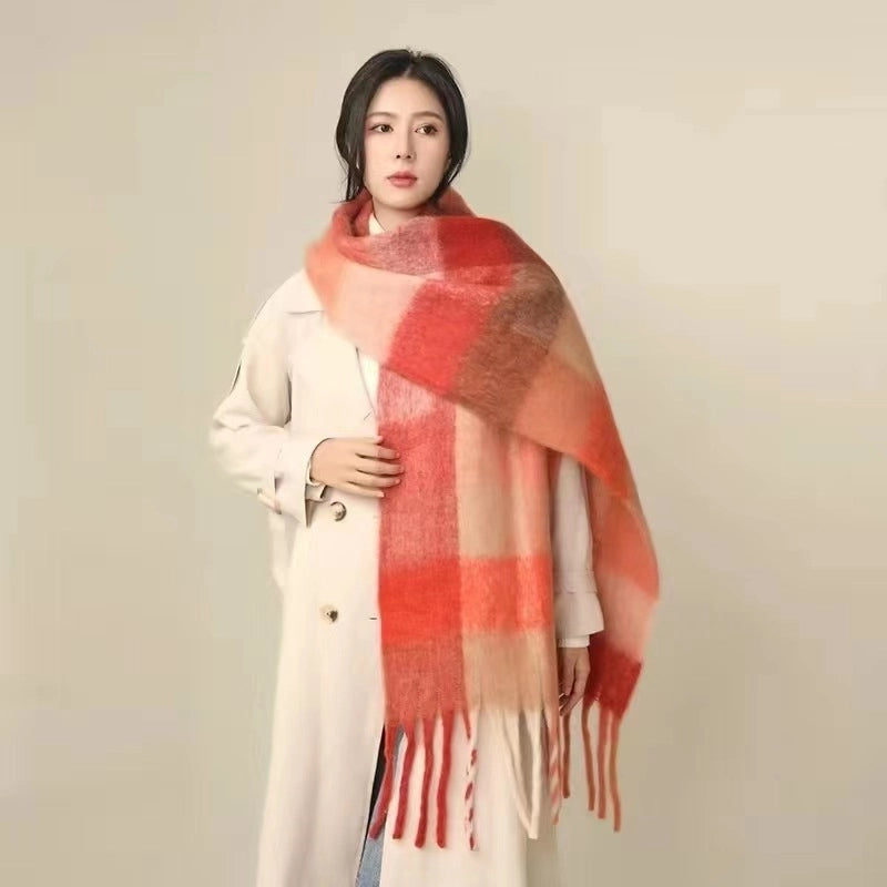 Rainbow Plaid Tassel Scarf For Women Autumn And Winter Famous Color Matching Cashmere Mohair Shawl Thickened Scarf