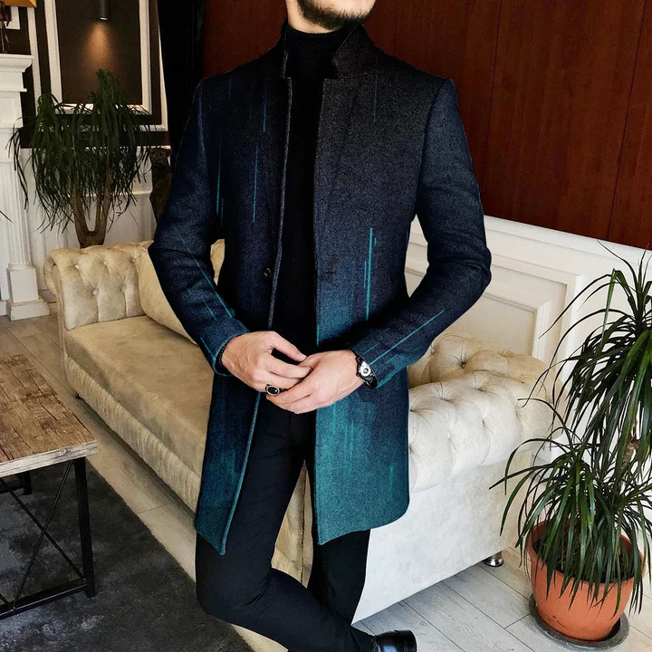 VChics Men's Gradient Color Standing Collar Mid-Length Tweed Coat