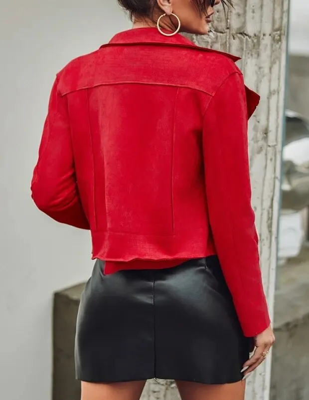 Uveng Micro Suede Zipper Design Biker Jacket Temperament Commuting Female Clothes Women's Casual Long Sleeve Notched Collar Coat
