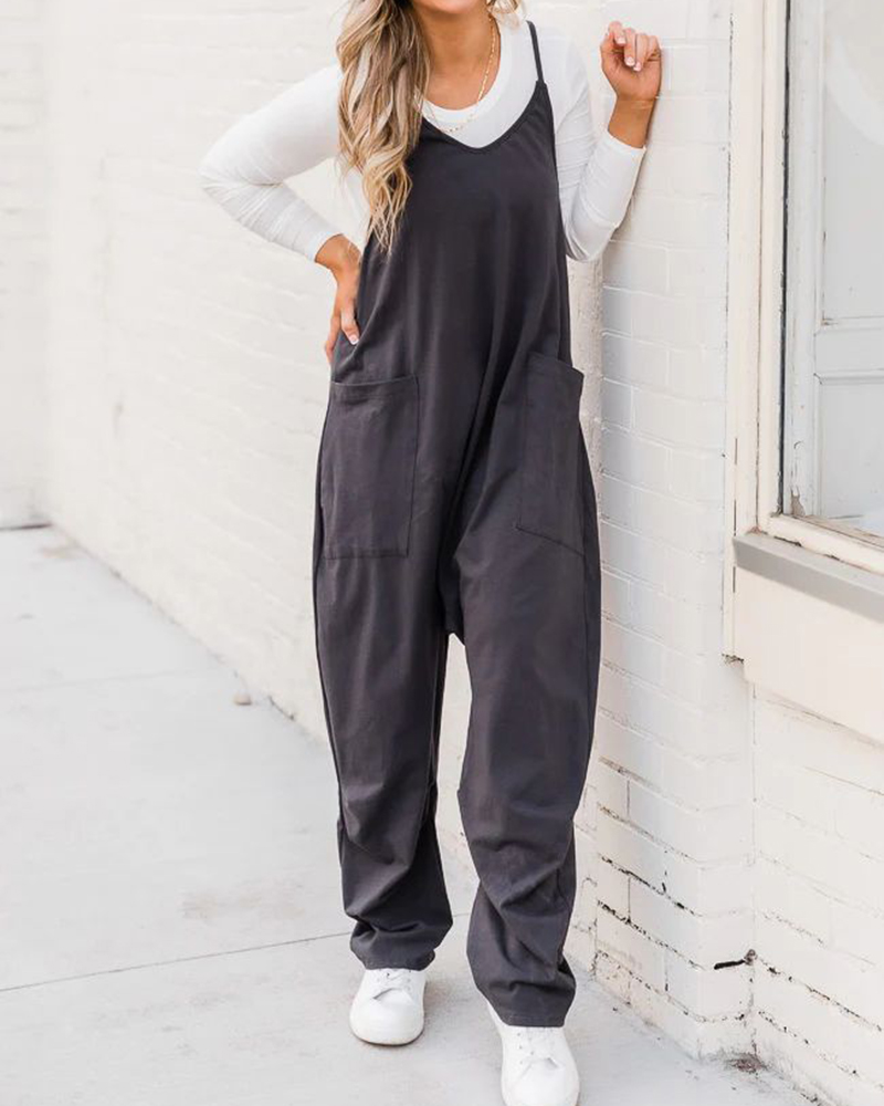Strap Sleeveless V Neck Side Pockets Loose Jumpsuit