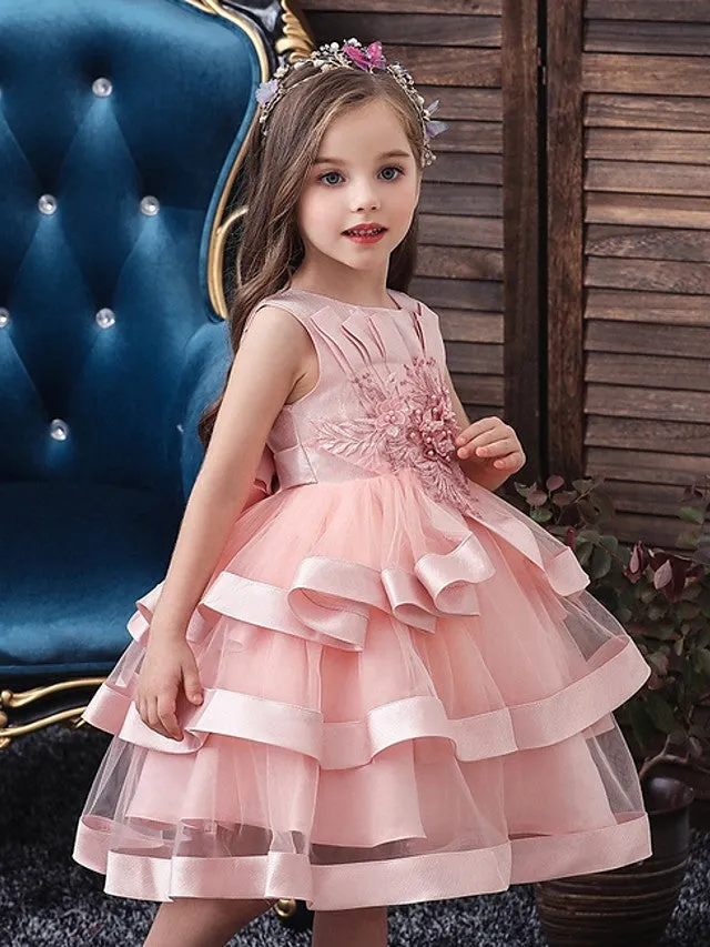 Long Sleeve Jewel Neck Flower Girl Dresses Tulle With Tier Appliques