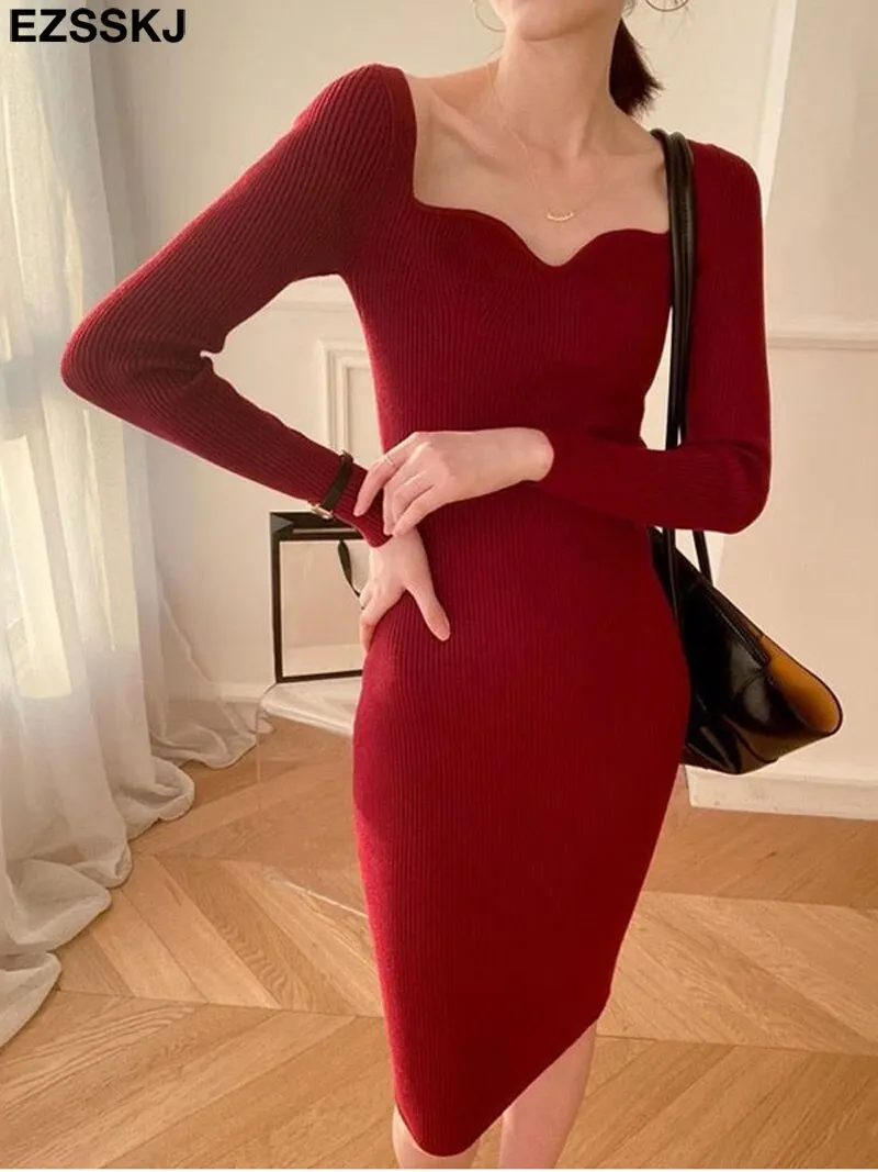 autumn winter slim  sweater dress elegant knit bodycon dress women loose long dress Female chic knit elegant dress