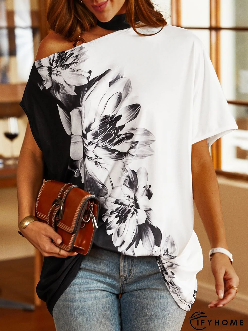 Floral Casual One Shoulder Short Sleeve T-Shirt | IFYHOME