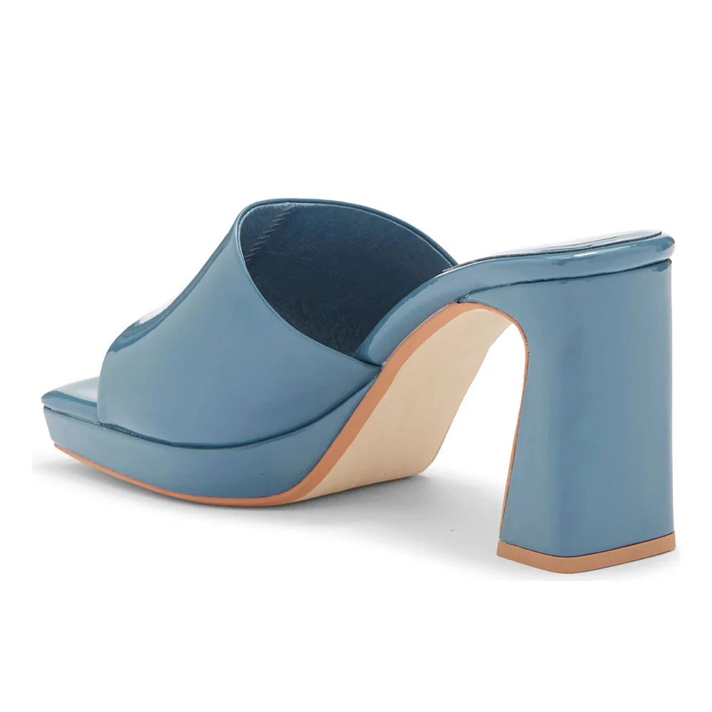 Dusty Blue Square Toe Chunky Heel Wide Strap Slides with Platform