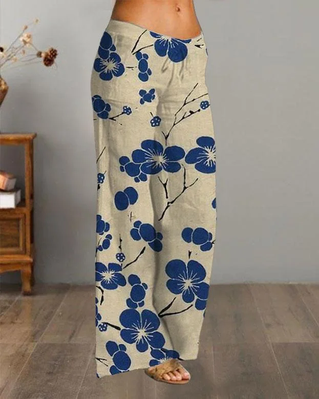 Japanese Art Plum Blossom Cotton Casual Pants