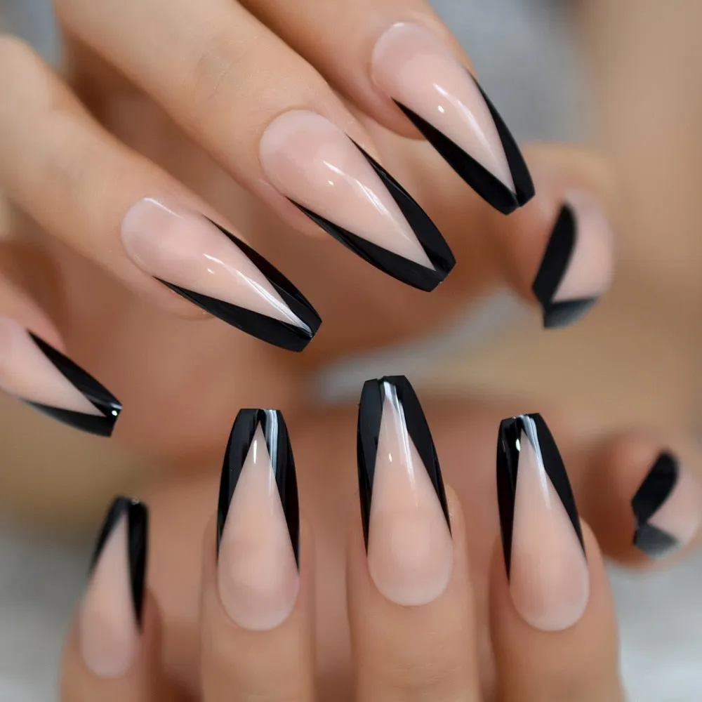 Ballerina False Nails Nude Large V Shape Extra Long Coffin French Nail Art Tips Predesigned Black Glossy Manicure Tips 24-Nail Inspo