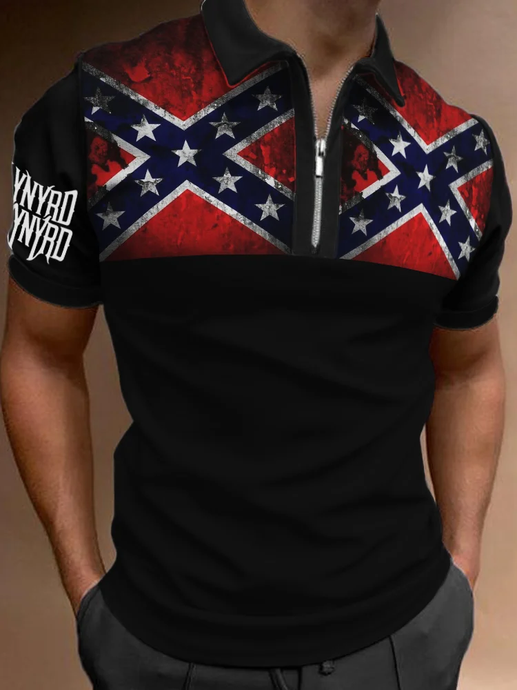 Men's Rock Band Rebel Flag Inspired Zip Up Polo Shirt