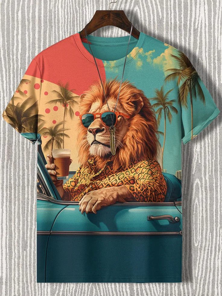 Men's Lion Driving Travel Print Casual T-Shirt