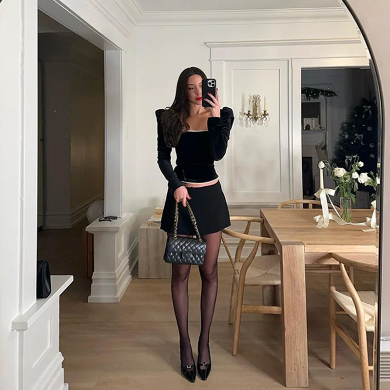 Uveng Uveng 2023 New Women's Sexy Temperament Square Collar Plush Wood Ear Back Strap Long-Sleeved Top