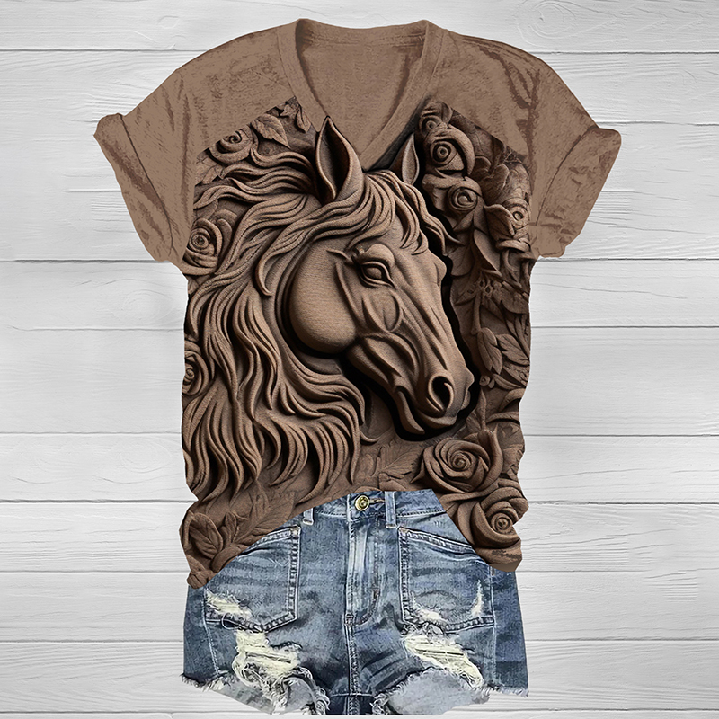  Western Horse Print V-Neck Short Sleeved T-Shirt Westsshops