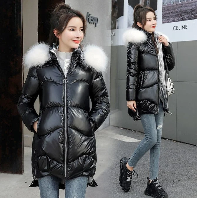 Winter Jacket Women 2021 Female Parka Coat Mid Long Overcoat Hooded Warm Hooded Artificial fur collar Shiny Down Cotton Jackets