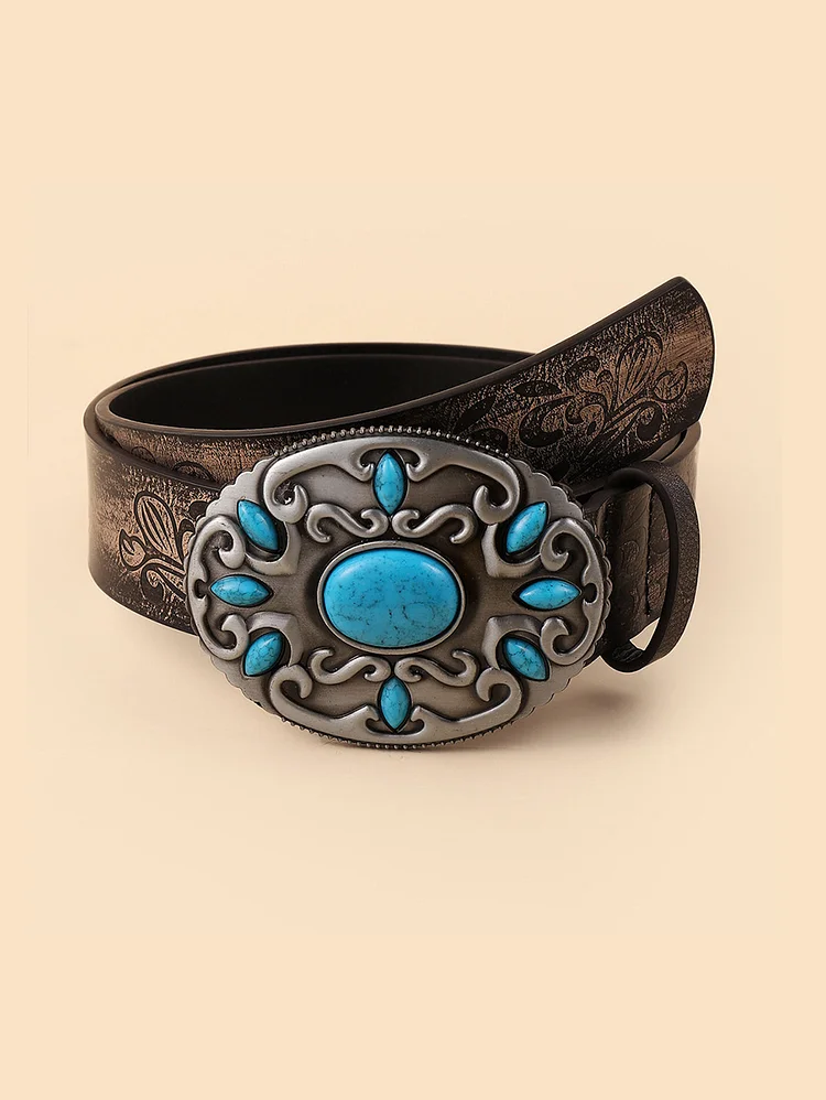 Bohemian Floral Geometric Alloy Turquoise Inlay Detail Belt