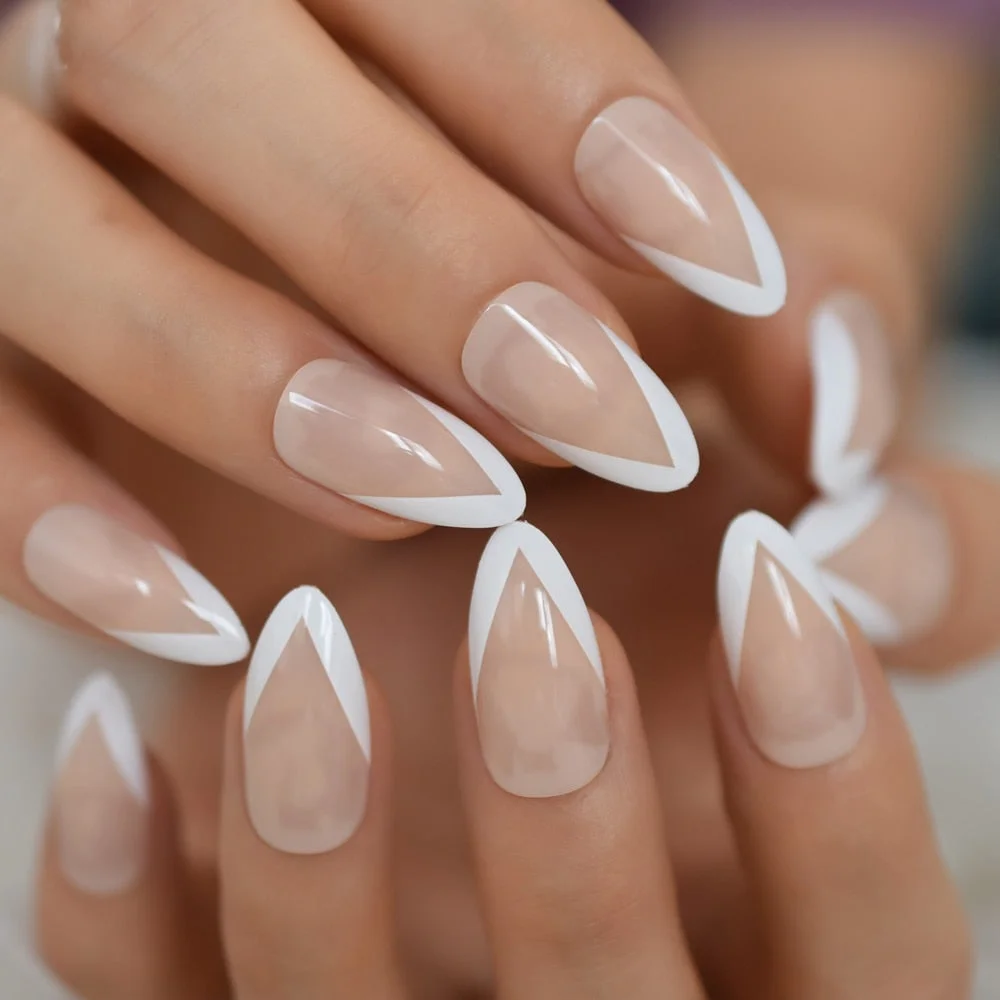 French Manicure 24 Units Faux Ongles Short Squoval Rose Mixed Milky White Press On Nail Large-Nail Inspo