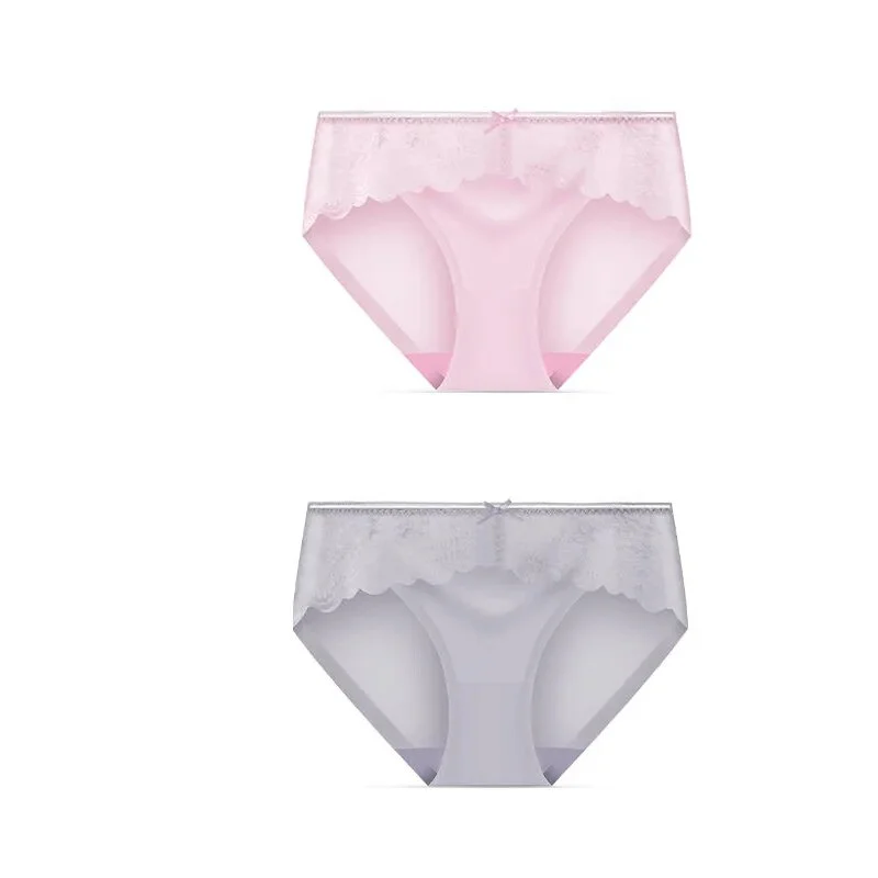 Uaang Seamless Ice Slik Underwear Sexy Lace Women Panties Nylon Cute Bow Girls Briefs Low Waist Panty Breathable Ladies Lingerie