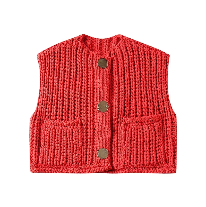 Oocharger Red Knitted Cardigan for Women Casual Sleeveless Single Breasted Sweater 2024 Spring Autumn O Neck Knitwear High Street