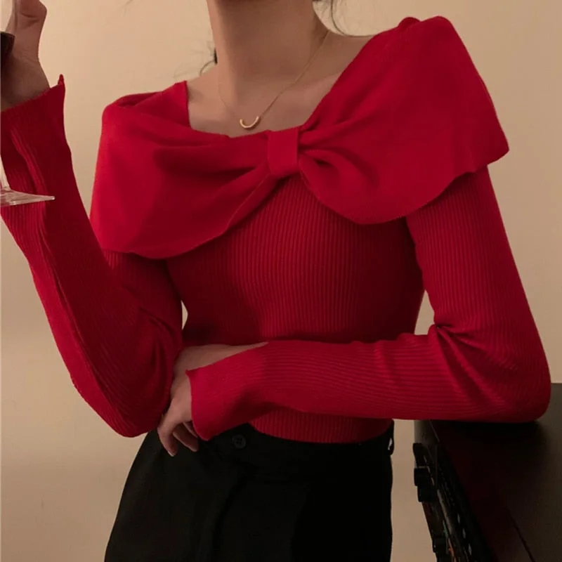 huibahe Slash Neck Bow Sweater Women Pullover 2023 Autumn Long Sleeve Top Korean Knitted Cropped Sweaters Mujer Jumpers Pull Femme