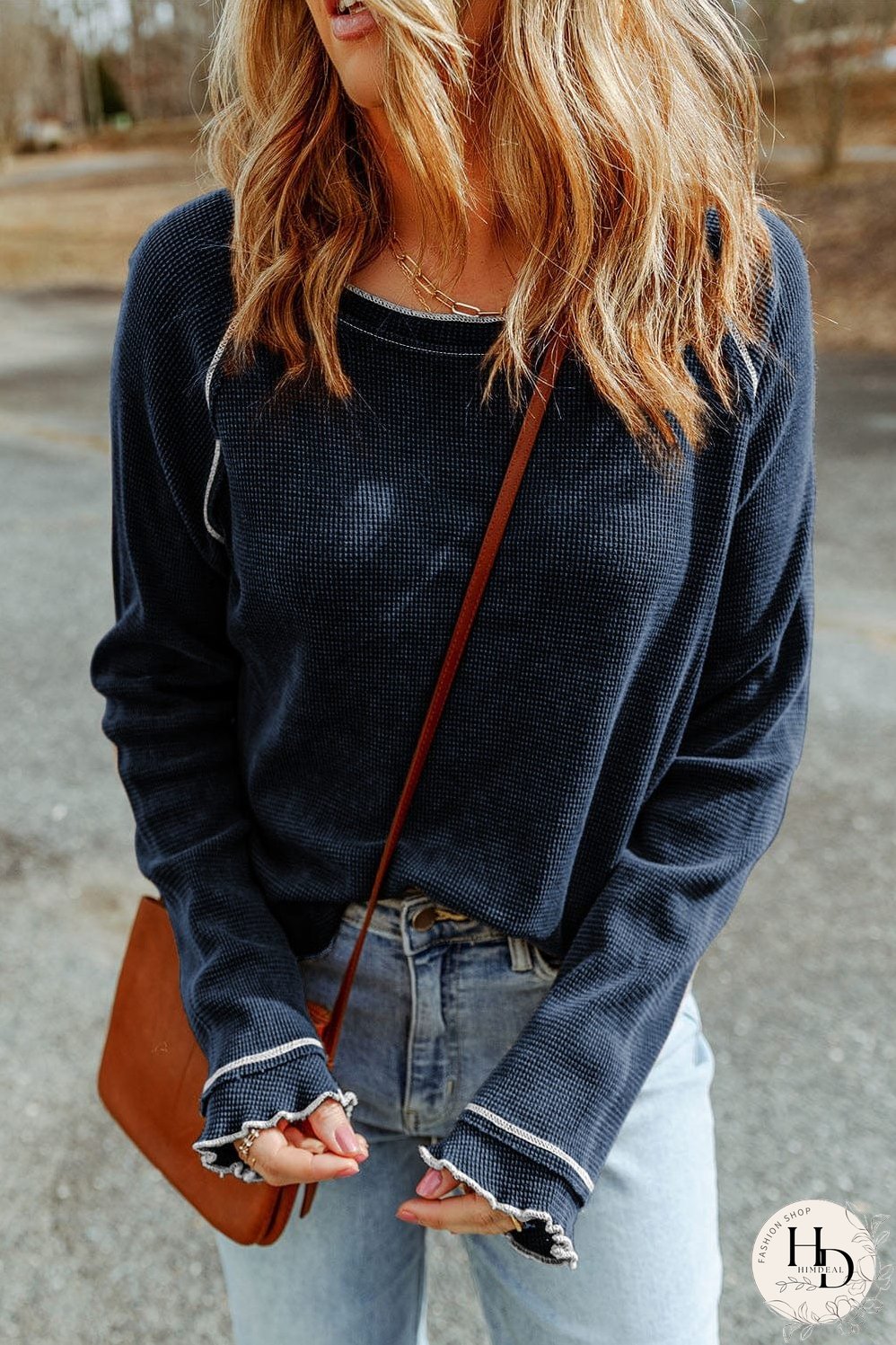 Blue Waffle Knit Casual Long Sleeve Top with Round Neck