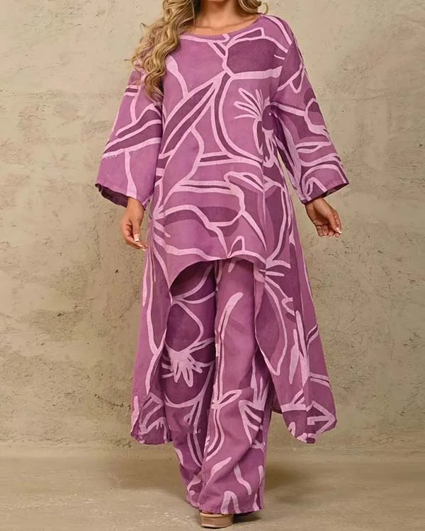 Casual Loose Large Size Printed Irregular Top High Waist Straight Leg Pants Set