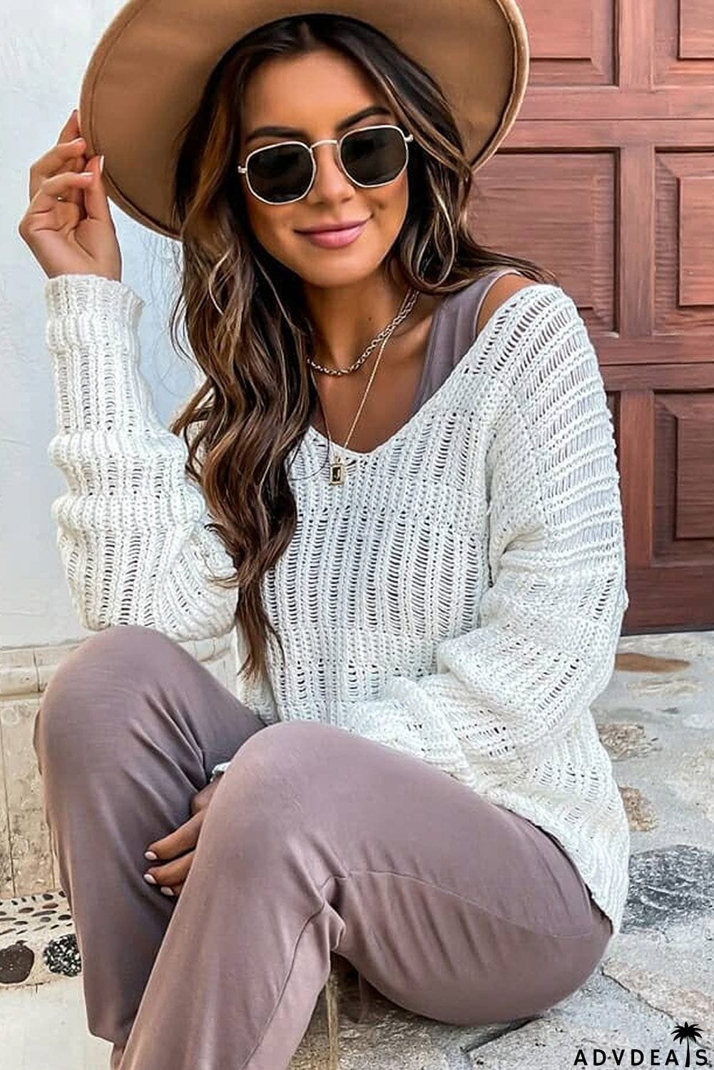 Loose Long Sleeve V Neck Open Knit Sweater