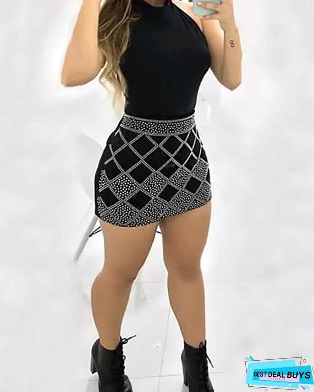 Sleeveless Dots Print Bodycon Mini Dress Black Dresses