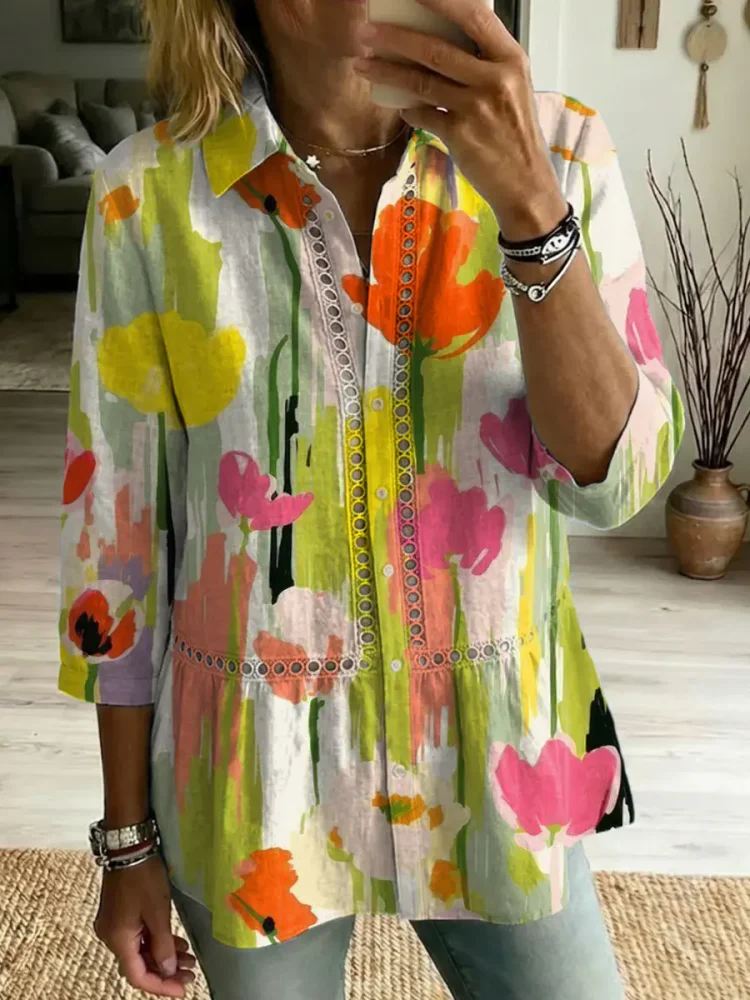 Women's Retro Floral Art Print Casual Lapel Cotton Shirt