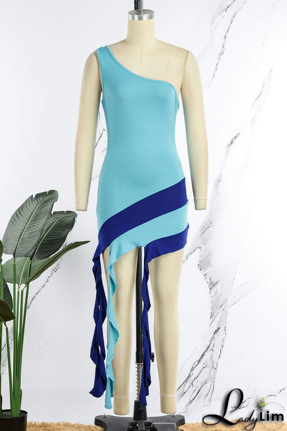 Yellow Sexy Patchwork Backless Contrast One Shoulder Sleeveless Dress Dresses