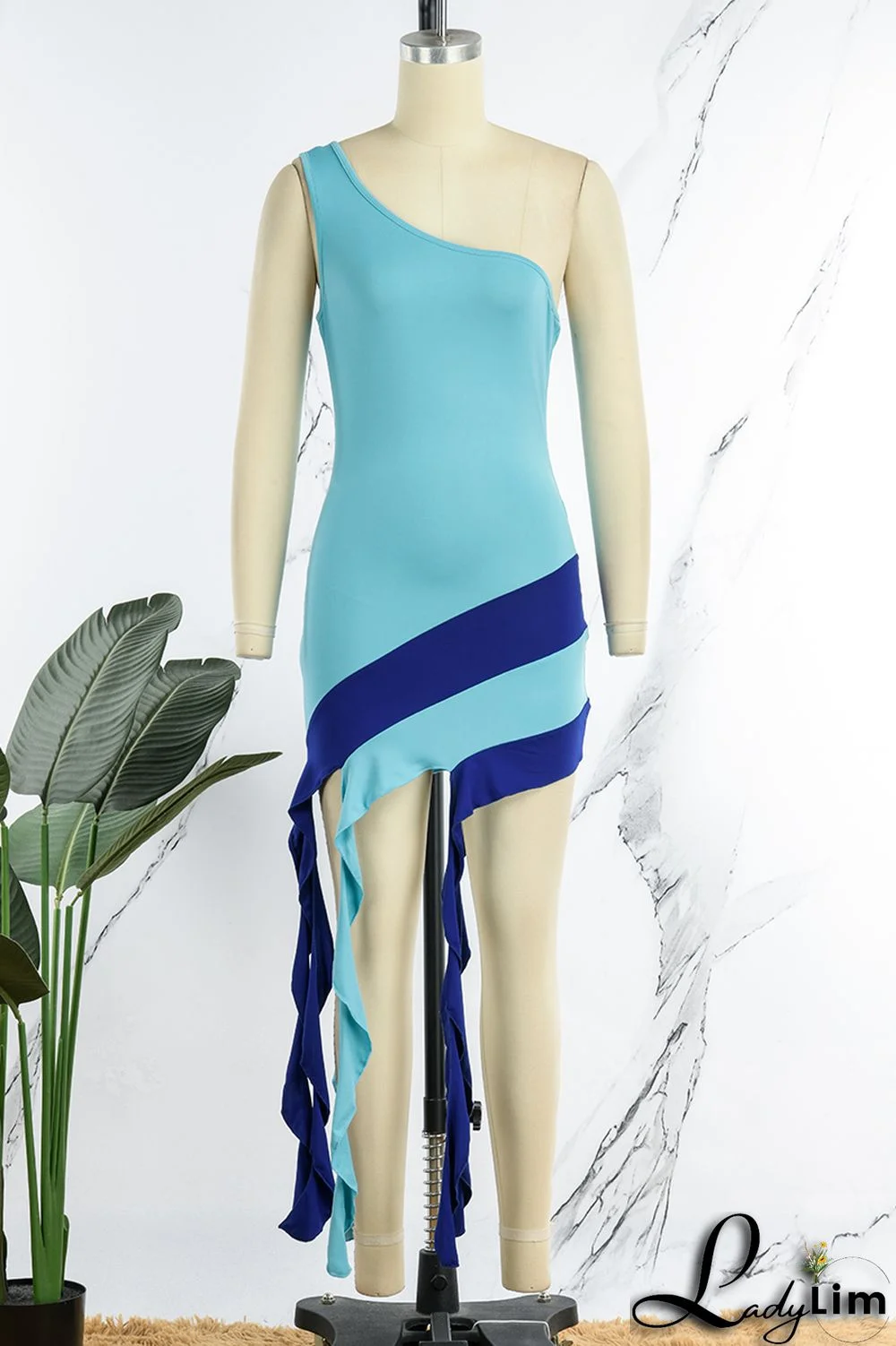 Yellow Sexy Patchwork Backless Contrast One Shoulder Sleeveless Dress Dresses