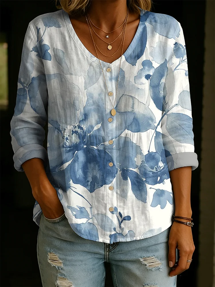 Women's Linen And Cotton Elegant Ink-wash Floral Decorative Patterns Shirt