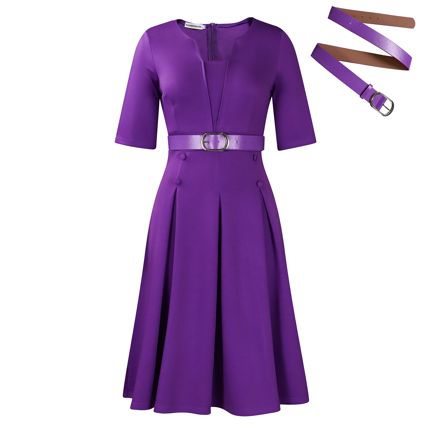 Women's V-Neck Half-Sleeve Midi Dress - Pleated A-Line Dress with Detachable Belt