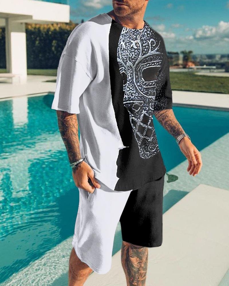Textured Fashion Men's 3D Mask Print Shorts Suit