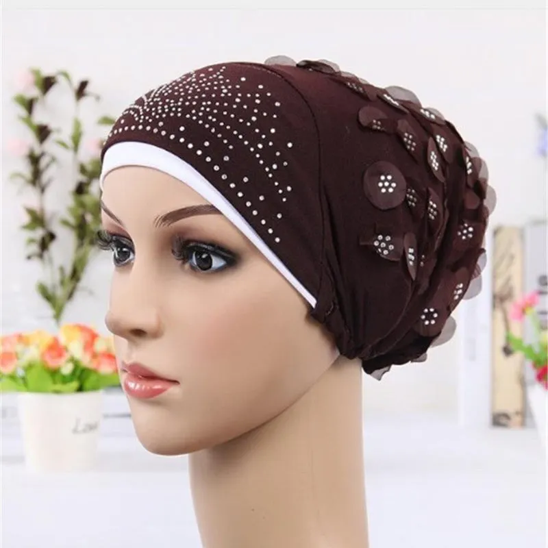Women's Sequins Flowers Muslim Turban Hat Cap